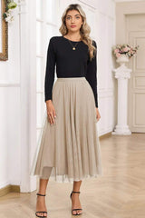 Apricot Tulle Mesh Overlay Flared Midi Skirt