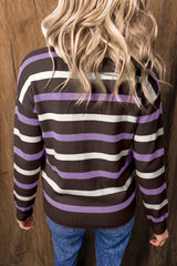 Brown Stripe Embroidered Detail Drop Shoulder Pullover Sweater