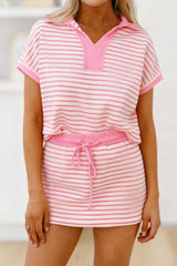 Pink Stripe Color Block Patchwork Polo Tee Drawstring Elastic Waist 2pcs Skort Set