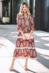 Brown Floral Print Belted Striped Trim Tiered Maxi Dress
