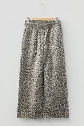 Brown Leopard Print Raw Hem Elastic Waist Loose Pull On Jeans