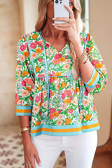 Green Floral Print Striped Trim Tie Neck Puff Sleeve Babydoll Blouse
