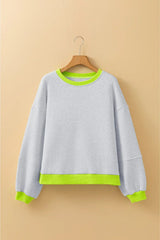 Light Grey Contrast Color Banding Patchwork Puff Sleeve Loose Sweatshirt