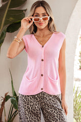 Pink Solid Color Knit V Neck Button Front Sweater Vest