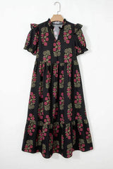 Black Floral Short Bubble Sleeve Tiered Maxi Dress