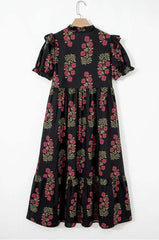 Black Floral Short Bubble Sleeve Tiered Maxi Dress