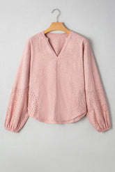 Light Pink Keyhole Notch V Neck Batwing Sleeve Blouse