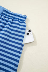 Blue Stripe Drop Shoulder Long Sleeve Pullover Elastic Waist Casual Short Set