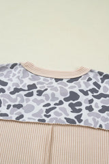 Gray Camouflage Print Twisted Ribbed Patchwork Casual T Shirt