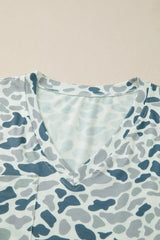 Gray Camouflage Print Single Chest Pocket V Neck Tee