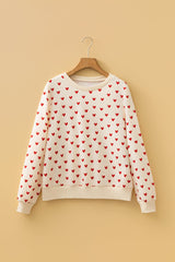 Beige Heart Print Round Neck Long Sleeve Regular Fit Sweatshirt