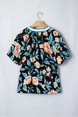 Black Floral Short Bubble Sleeve Buttoned Notched Neck Blouse