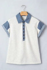 Light Grey Denim Color Block Patchwork Shirt Collar Short Sleeve Blouse