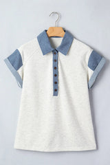 Light Grey Denim Color Block Patchwork Shirt Collar Short Sleeve Blouse