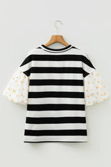 Black Stripe Floral Print Puff Sleeve Patchwork Blouse