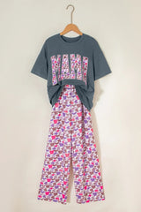 Medium Grey MAMA Letter Graphic Tee Camouflage Print Loose Pant Set