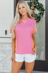 Bright Pink Waffle Textured Contrast Striped Patchwork Loose T Shirt