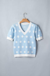 Pink Polka Dot Puff Short Sleeve Sweater Top