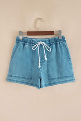 Beau Blue Contrast Drawstring Elastic Waistband Denim Shorts