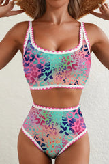 Pink Leopard Ricrac Trim Square Neck High Waist Bikinich