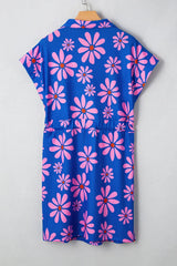 Purple Floral Striped Quarter Zip Cap Sleeve Drawstring Waist Mini Dress