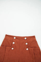 Clay Button Decor Scalloped Edge High Waist Corduroy Shorts