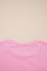 Pink Solid Color Raw Edge Bow Patch Loose T Shirt
