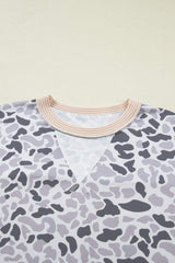 Gray Camouflage Print Twisted Ribbed Patchwork Casual T Shirt