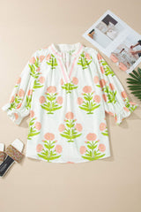 Pink Plus Size Floral Print Striped Trim V Neck Blouse
