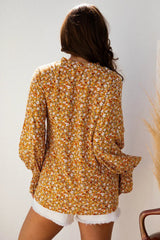 Orange Boho Floral Ruffled Bubble Sleeve V Neck Fall Blouse
