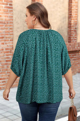 Green Boho Chic Notched V Neck Plus Floral Short Sleeve Top