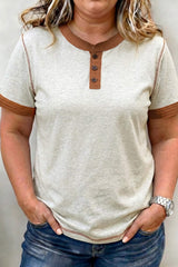 Light Grey Plus Size Distressed Color Block Trim Cotton Henley Tee