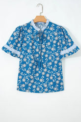 Blue Floral Print Button Tie Neck Striped Detail Short Sleeve Blouse