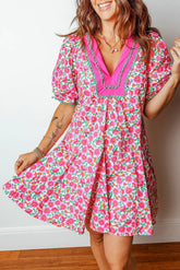 Pink Floral Print V Neck Patchwork Short Bubble Sleeve Mini Dress