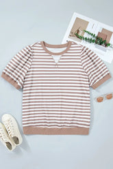 Orange Stripe Ribbed Trim Round Neck Short Puff Sleeve Plus T Shirt