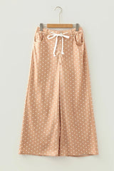 Khaki Polka Dot Print Drawstring Wide Leg Pants