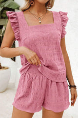 Peach Blossom Textured Square Neck Top and Shirred High Waist Shorts Set