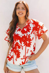 Red Plant Print Tiered Ruffled Sleeve V Neck Blouse