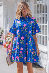 Blue V Neck Short Sleeve Loose Flower Dress