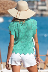 Mint Green Pointelle Knit Patterned Scalloped Trim Short Sleeve Sweater