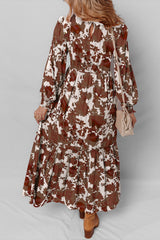 Chestnut Floral Puff Sleeve Smocked Bodice Ruffled Long Dress