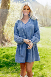 Myosotis Puff Sleeve V Neck Ruffled Loose Denim Mini Dress