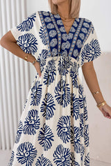 Blue Boho Floral Print Contrast Patchwork V Neck Dolman Maxi Dress