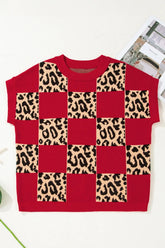 Red Leopard Checkerboard Short Sleeve Knit Sweater