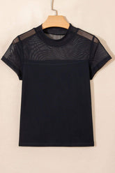 Black Sheer Mesh Patchwork Cap Sleeve T Shirt