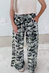 Green Camouflage Print Drawstring Casual Pants