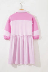 Pink Raw Seam Color Block Patchwork Button Polo Collar Mini Dress
