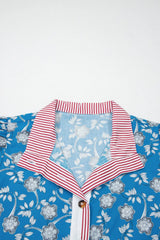 Blue Retro Floral Print Striped Trim Button Neck Short Sleeve Blouse