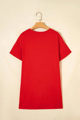 Fiery Red Sequin Trim Stars and Stripes Bow Patched T Shirt Mini Dress