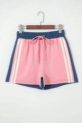 Pink Color Block Patchwork Varsity Striped Detail Drawstring Elastic Waist Shorts
